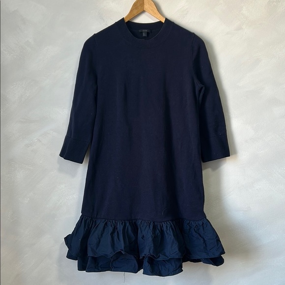 COS crewneck Dress Woven Pleats ruffle 3/4 sleeve navy blue cotton sz small - Picture 2 of 8